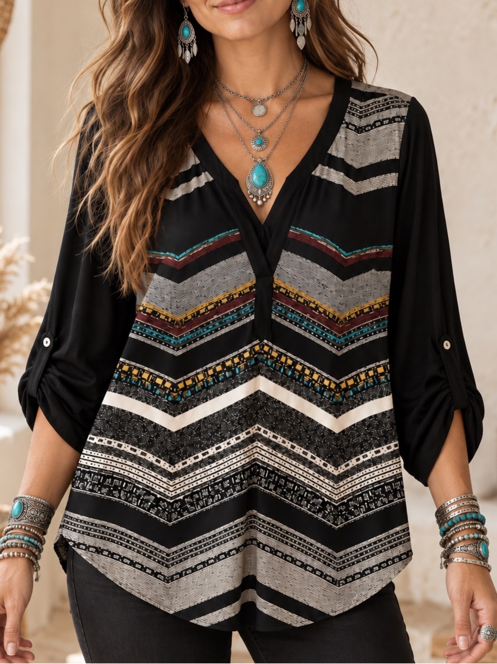 DR2 by Daniel Rainn Boho Chevron Tunic Blouse Black Roll Tab Sleeve